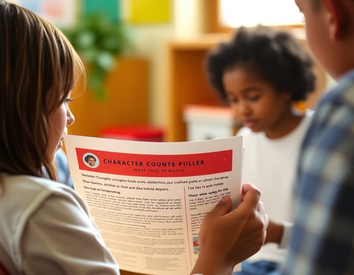 Parent reading a newsletter about the Character Counts pillar focus for the month