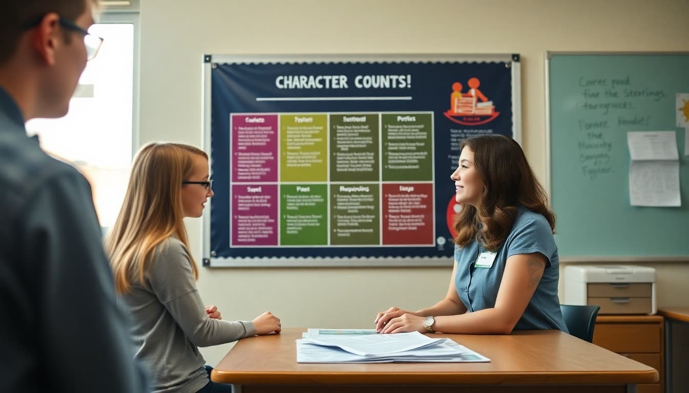 Character Counts six pillars poster in classroom with teacher newsletter on teacher desk