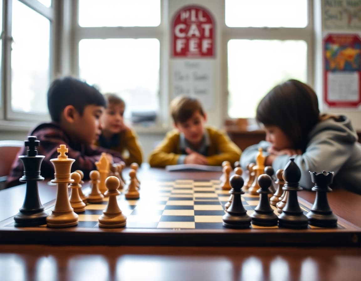 Chess pieces on a board with students strategizing in the background