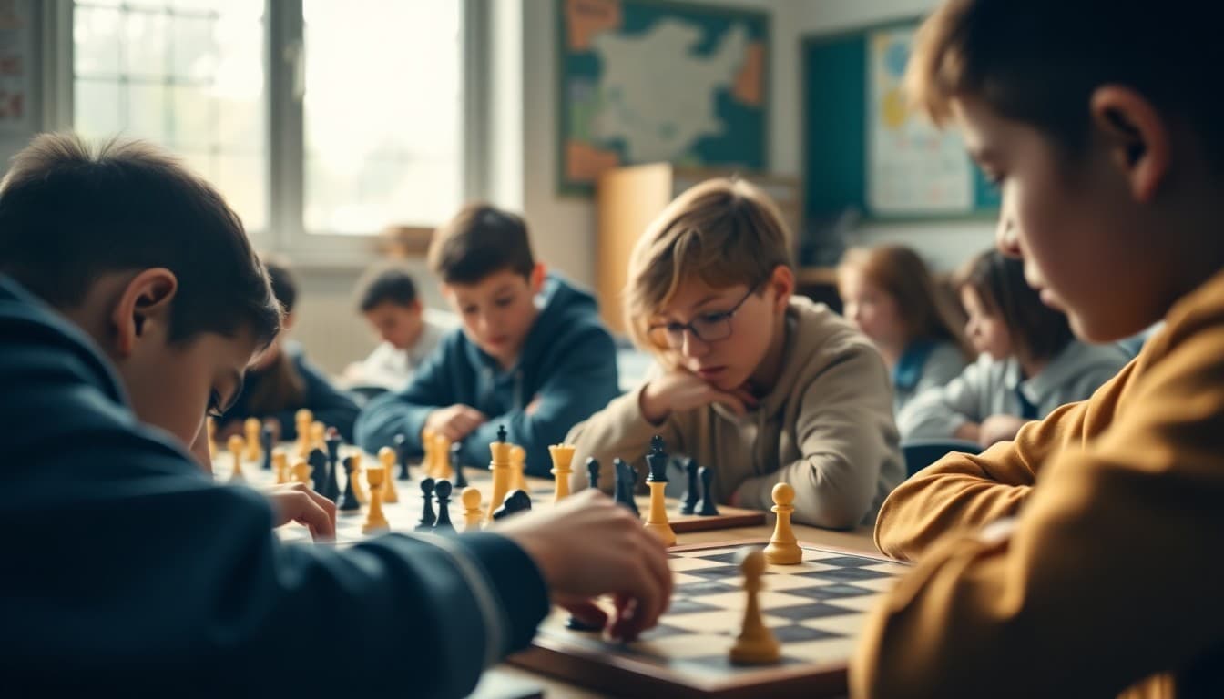 Students focused on chess boards during a school chess club meeting