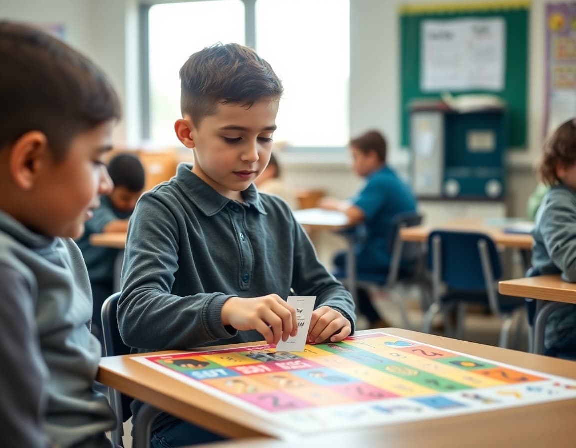 Student selecting an activity card from a colorful choice board on a desk