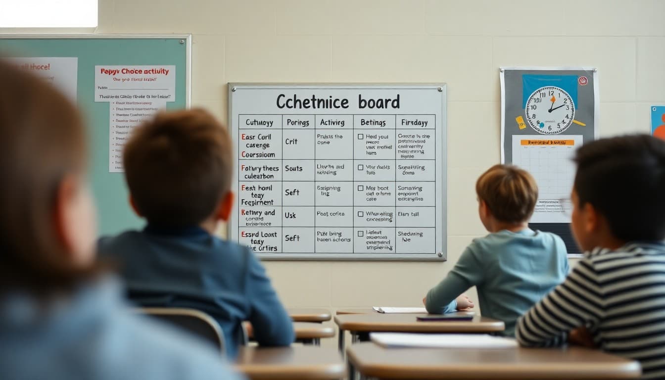 A laminated choice board with nine activity options posted on a classroom wall