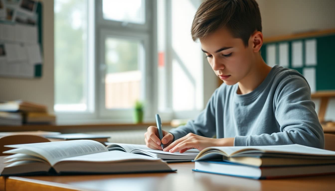 Student working on a bibliography at a desk with several reference books open nearby