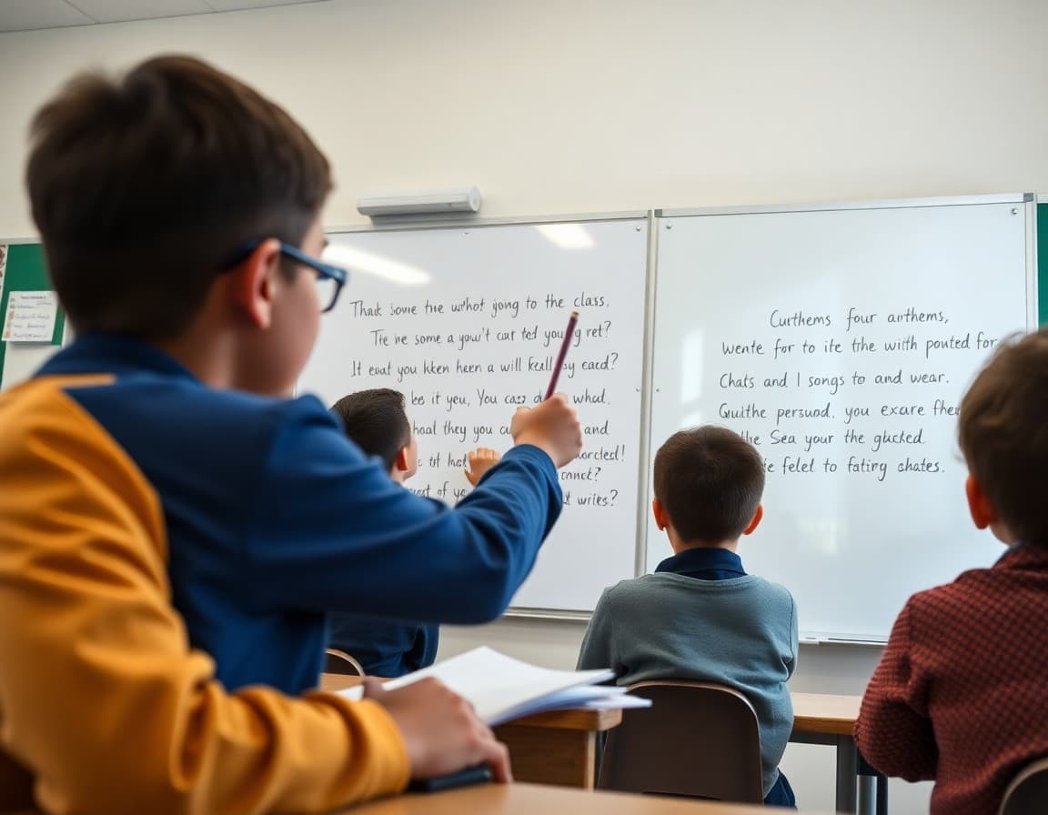 Students writing song lyrics on a whiteboard during a class anthem writing session