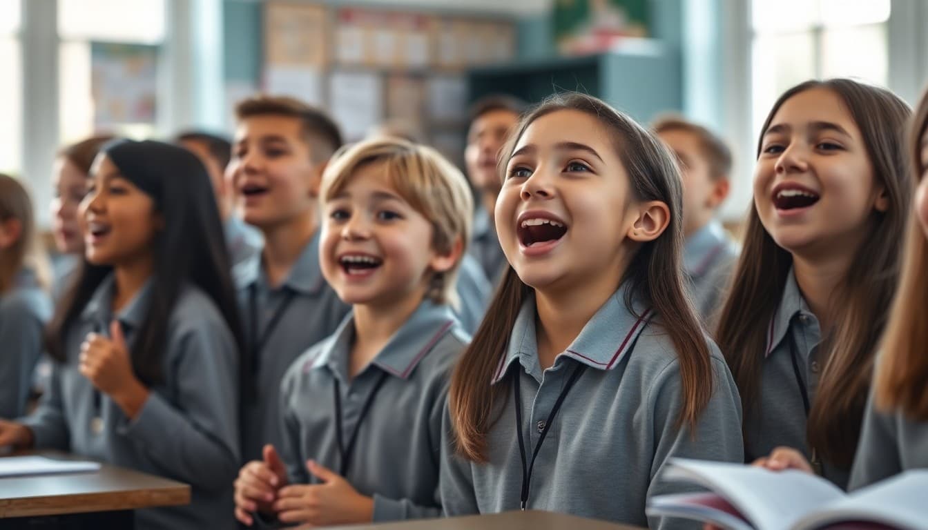 Students singing their class anthem together with expressions of pride and joy
