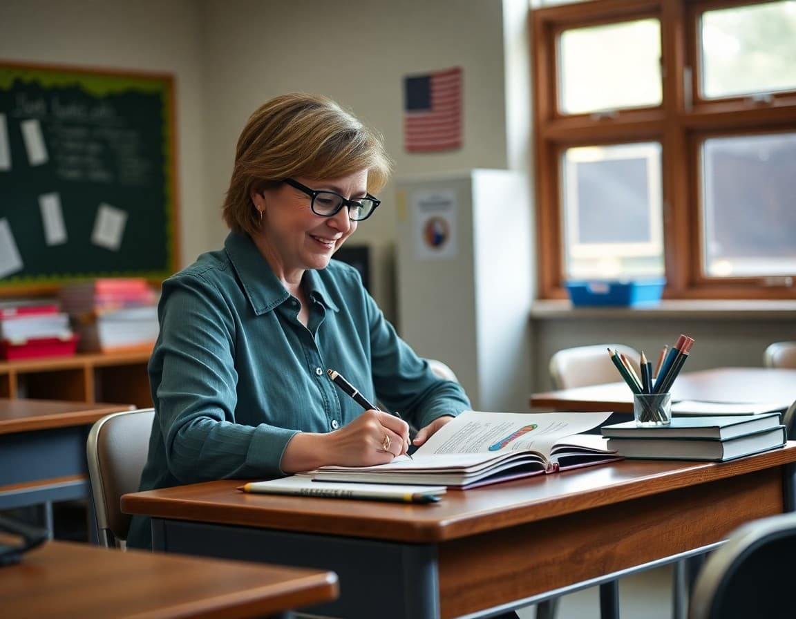 Teacher writing a fundraiser newsletter at a desk with a goal thermometer graphic