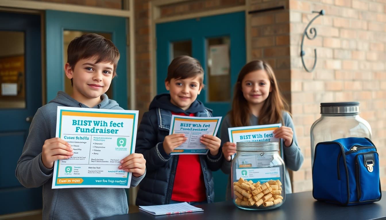 Students holding fundraiser flyers outside school with a donation jar on a table