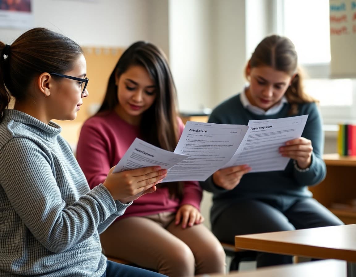 Parents reading a newsletter agenda before a classroom meeting