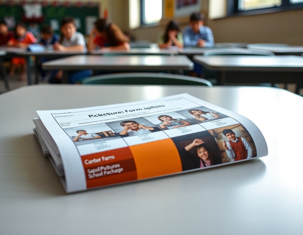 School picture order form on a desk next to a student's photo package options
