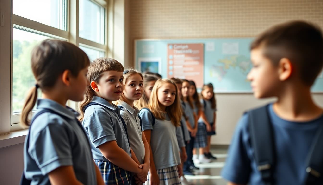 Students lined up for a class photo in matching outfits on picture day at school