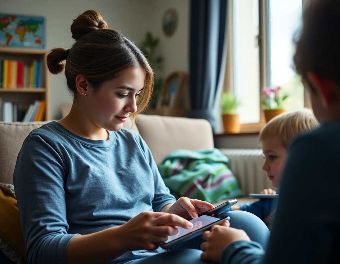 Parent using classroom website on tablet at home with child nearby