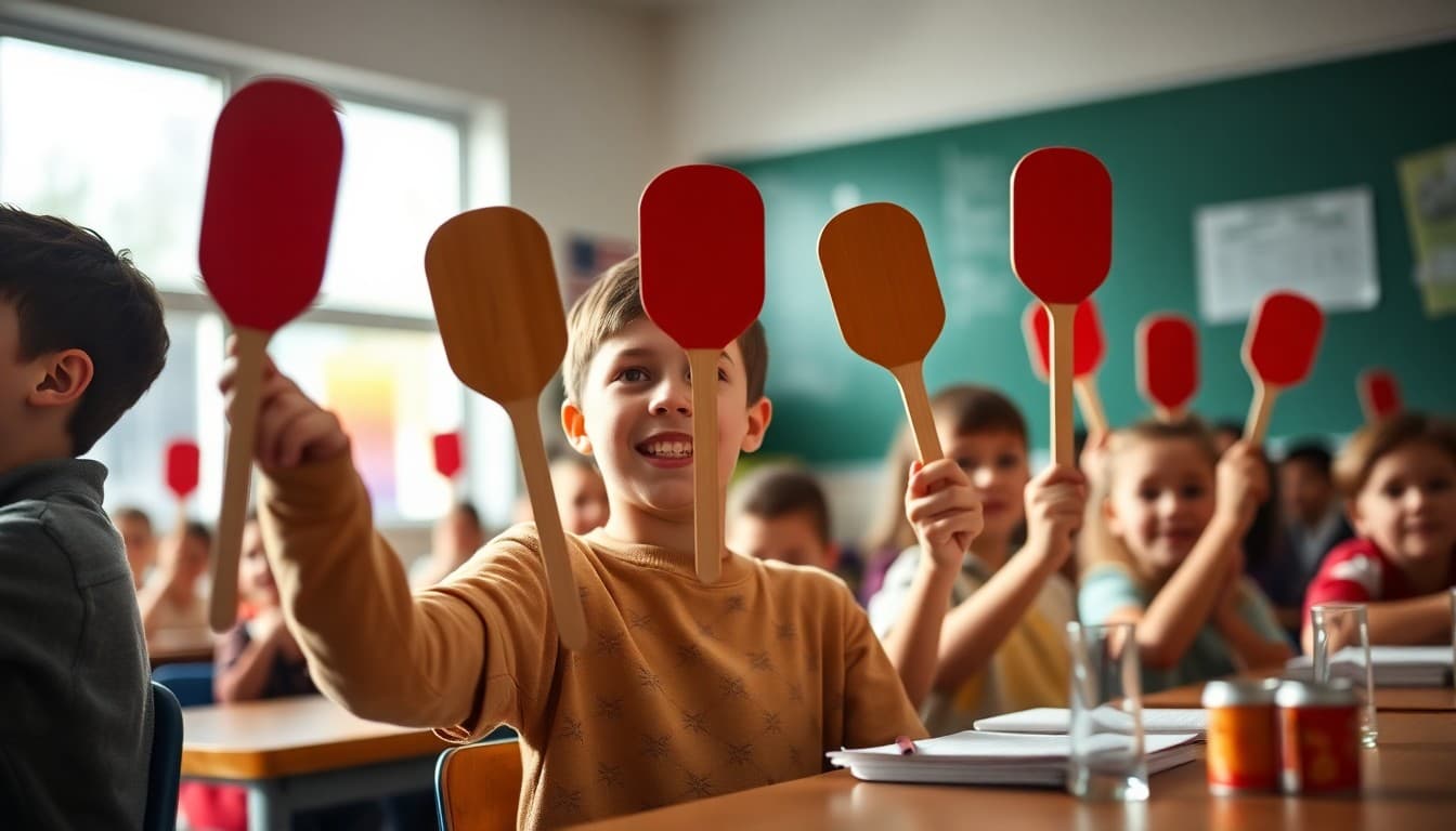 Students holding up paddles or bid cards at a fun classroom economy auction event