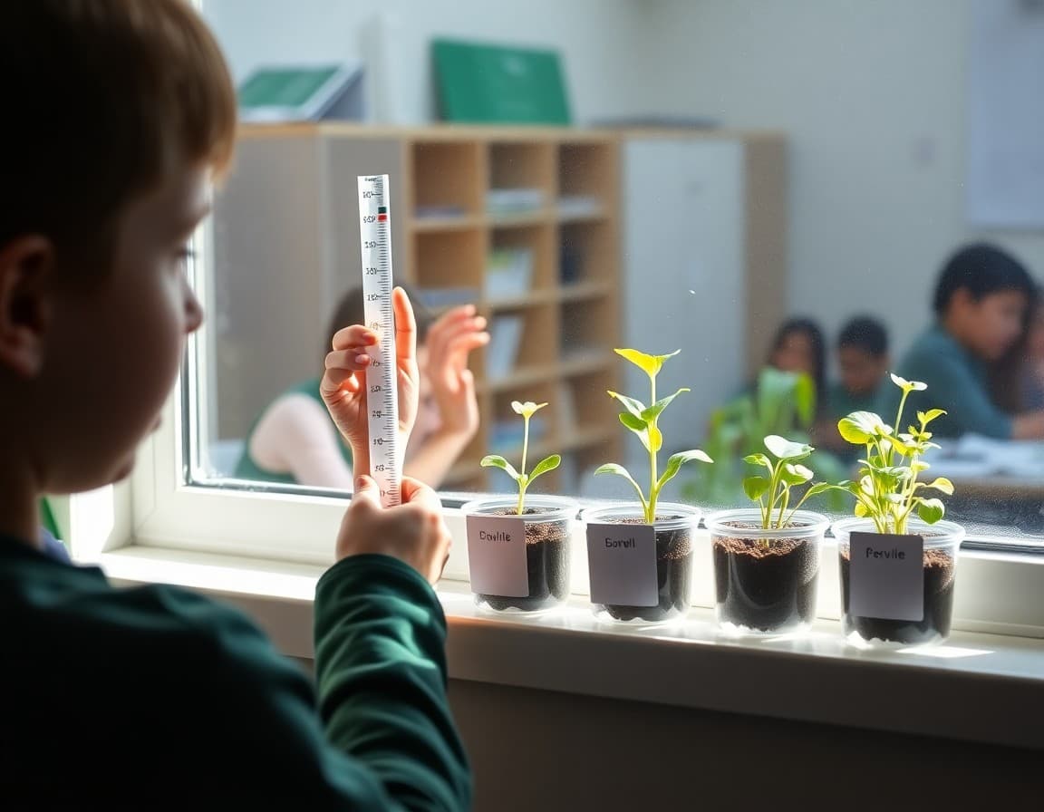 Classroom windowsill with seedlings growing in labeled containers being measured by a student