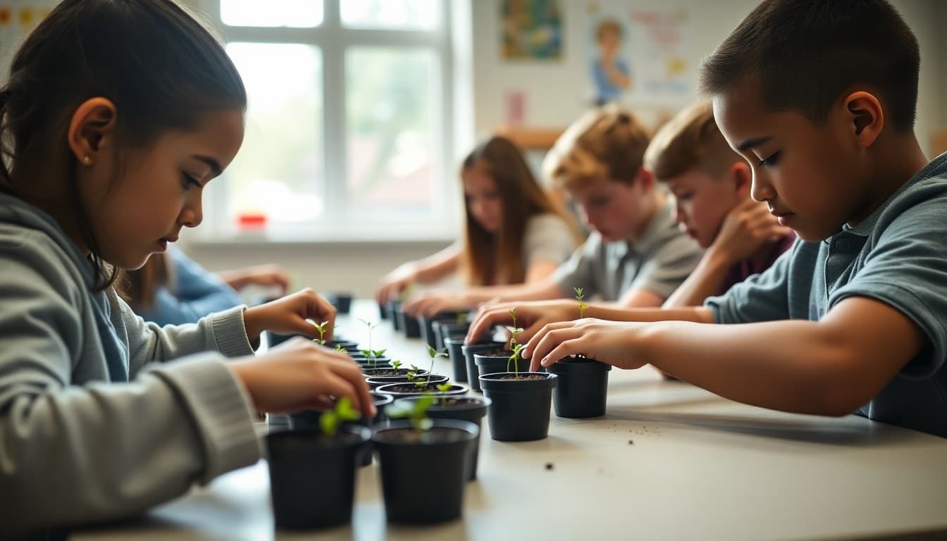 Students planting seeds in small pots at a classroom table during a science gardening lesson