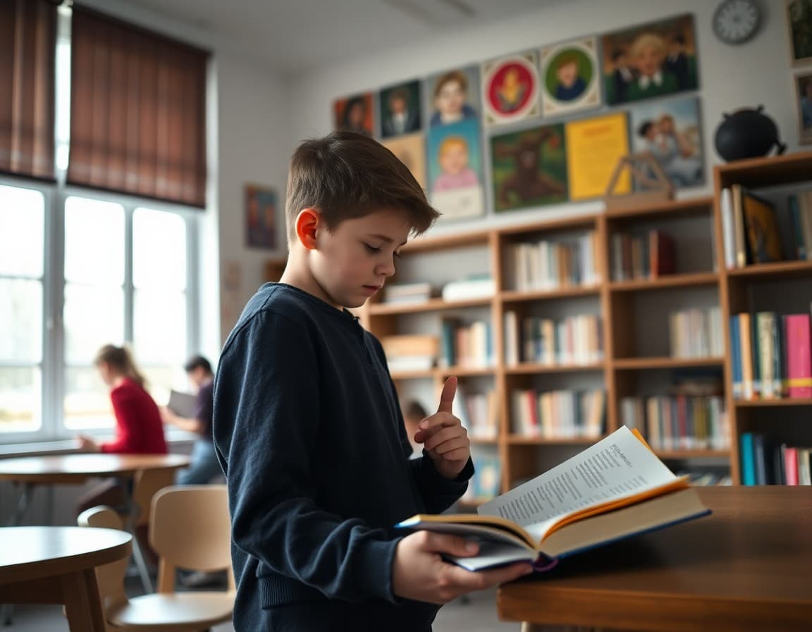 Student browsing books in a classroom library corner with cozy seating