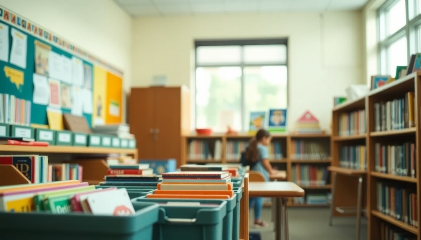 Well-organized classroom library with labeled bins and colorful book spines