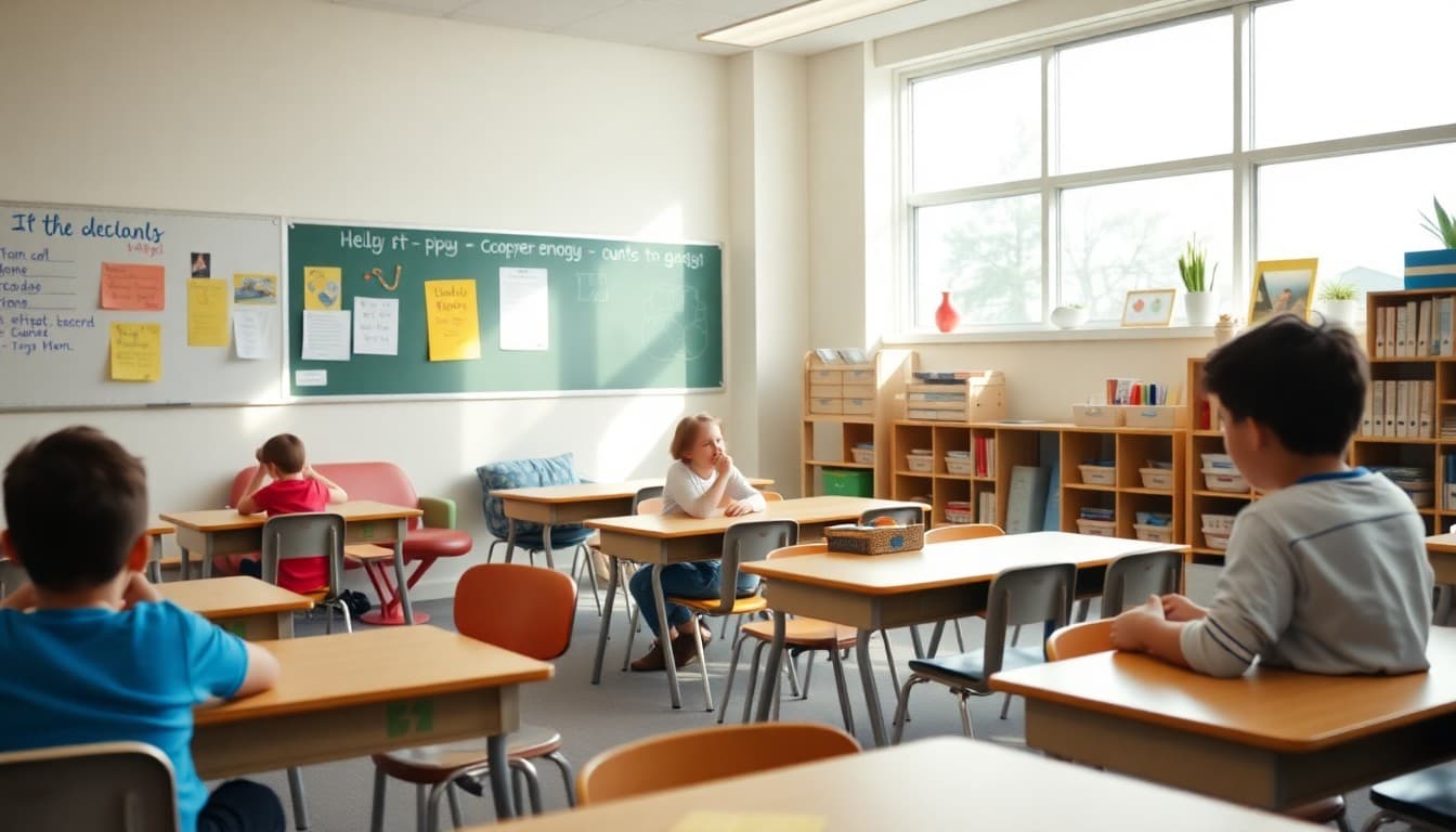 Bright reimagined classroom with new flexible seating, cozy reading corner, and organized learning stations