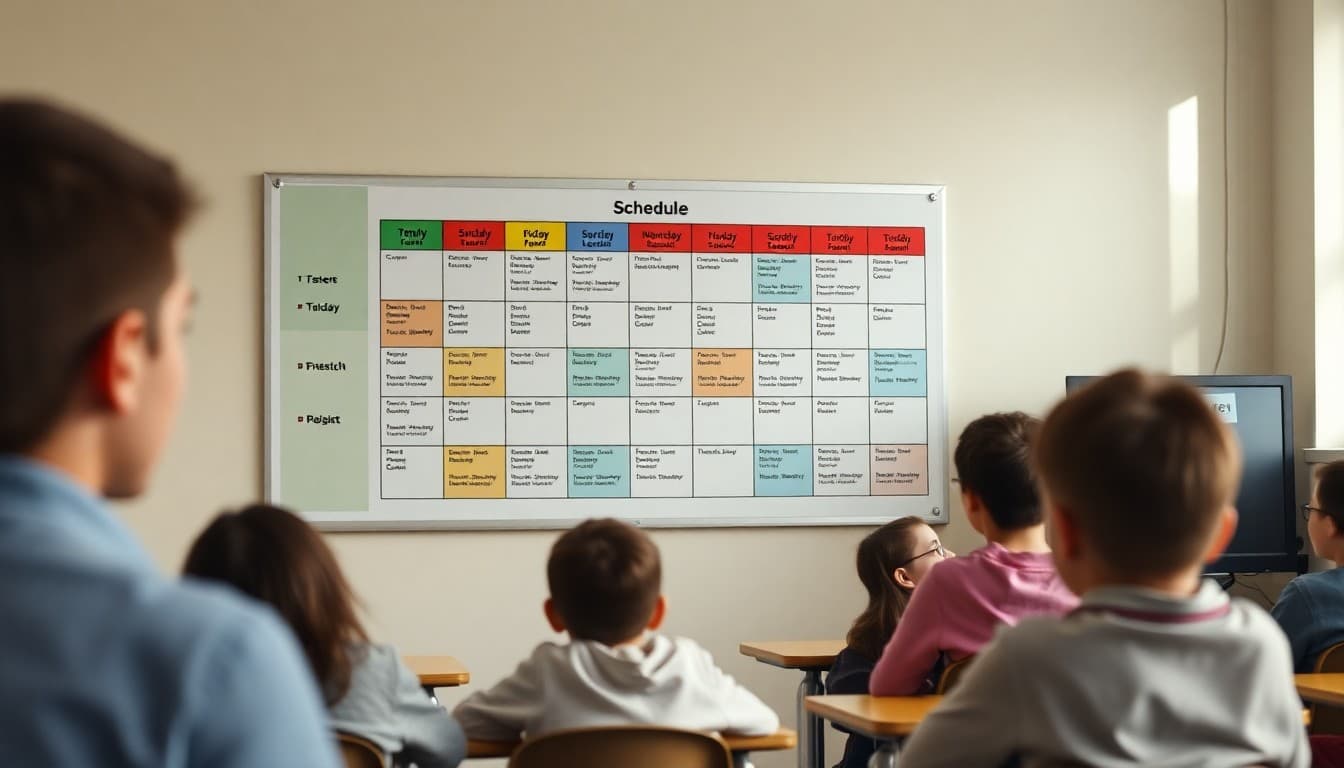 Colorful daily schedule chart posted on a classroom wall showing time blocks