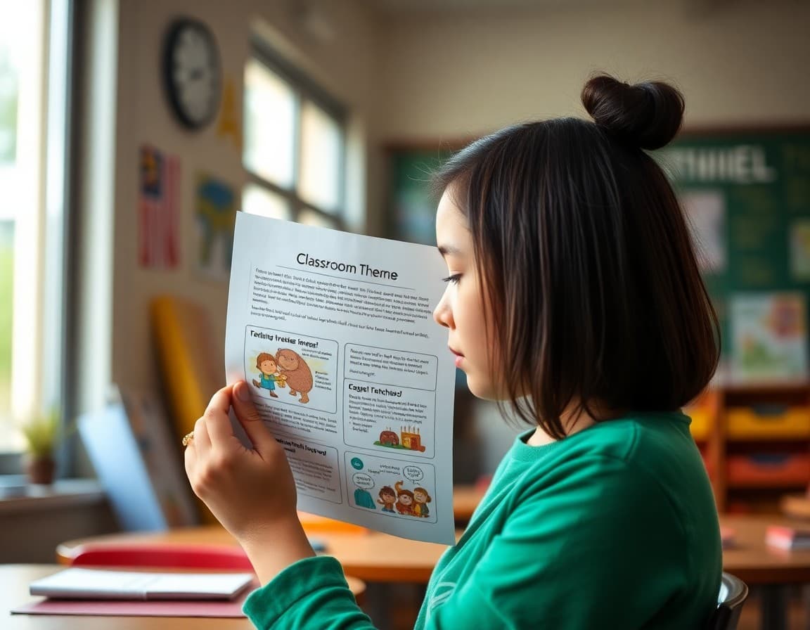 Parent reading a newsletter that introduces the classroom theme for the school year