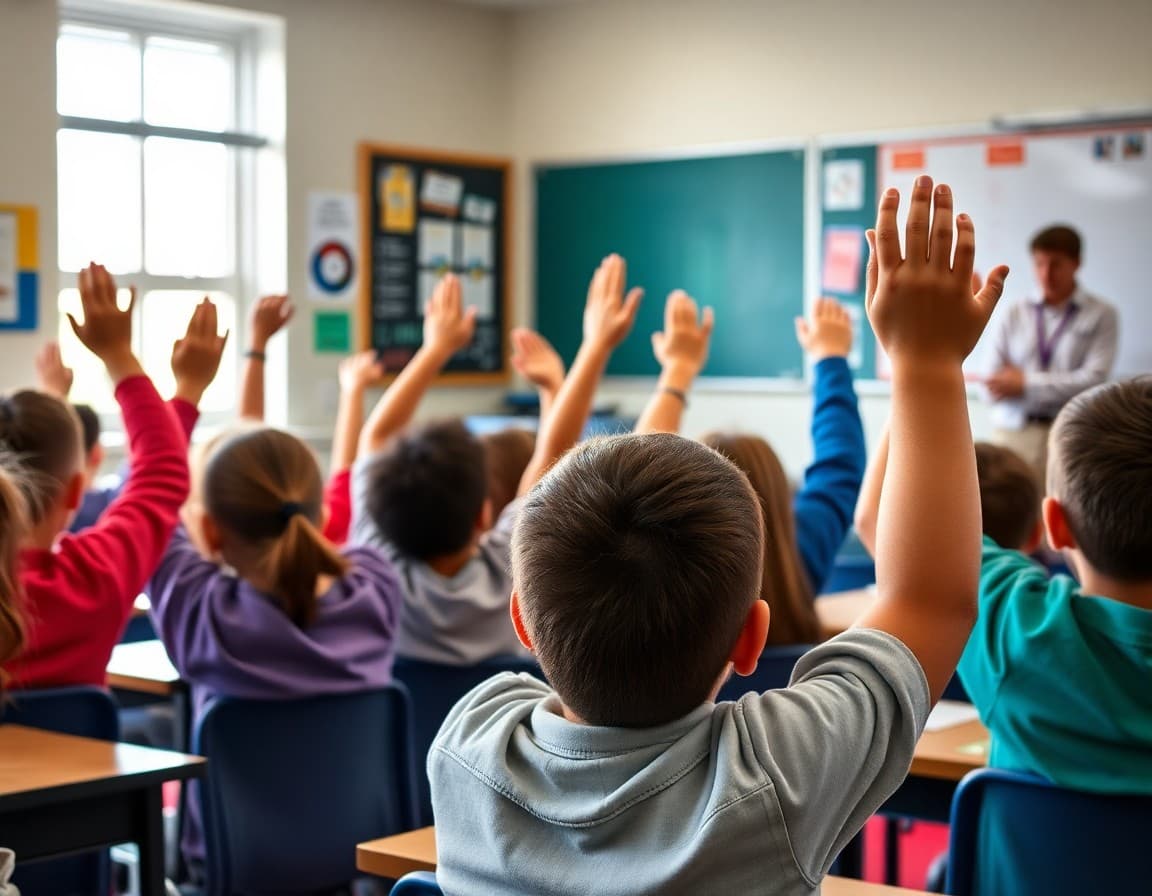 Students raising their hands with questions during a classroom visit from a local scientist