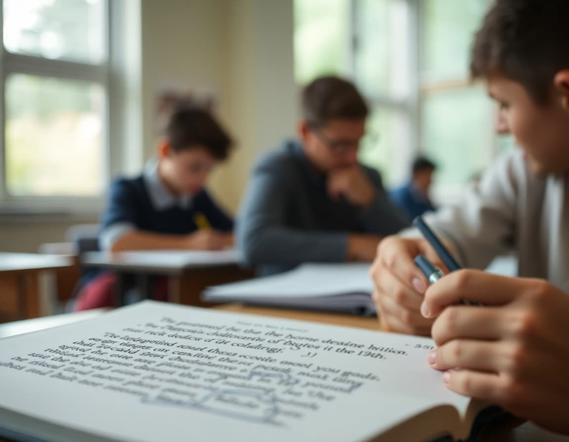 Annotated student text passage with circles, underlines, and margin notes in pencil