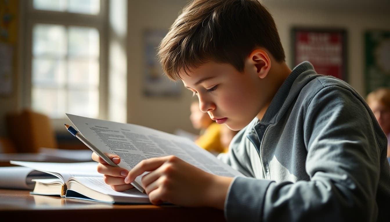Student reading a short passage closely with a pencil in hand making annotations