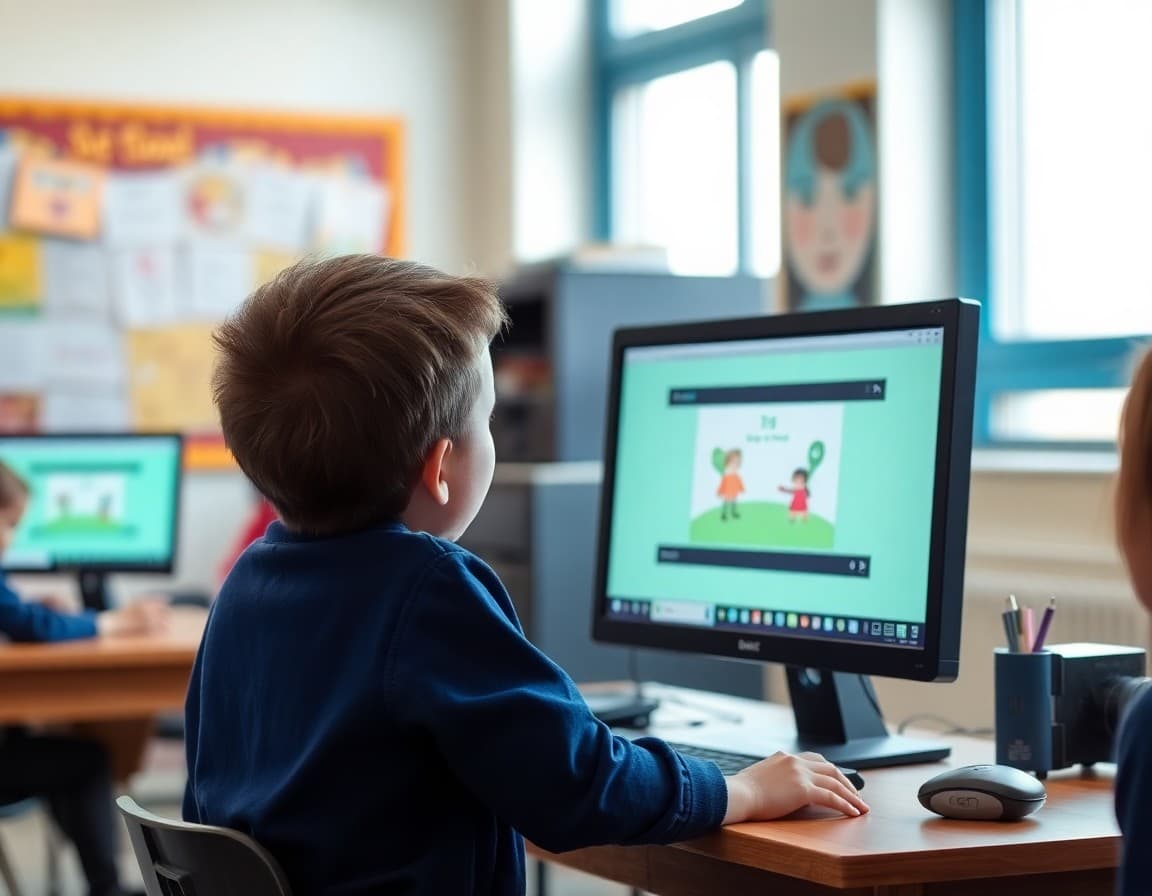 Student showing a completed Scratch animation project on a classroom computer screen