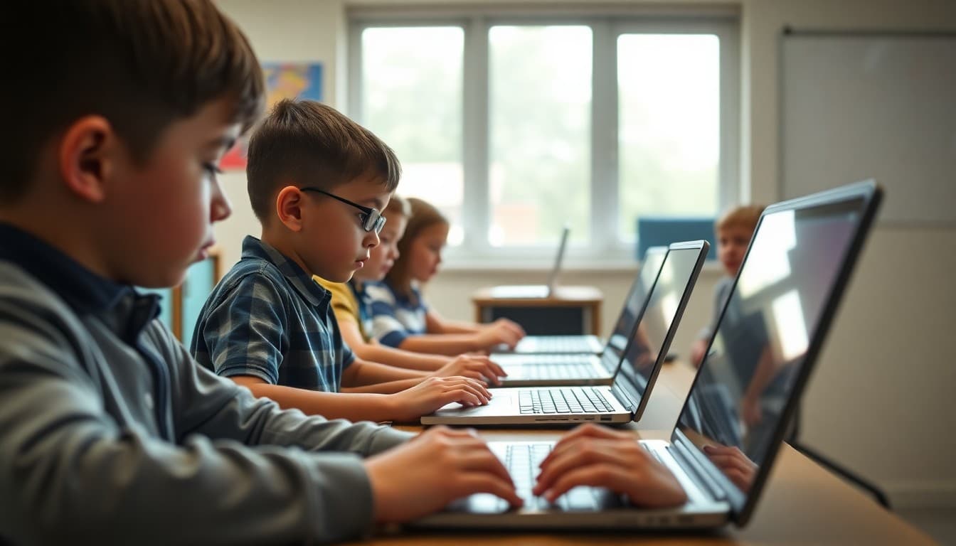 Elementary students coding on laptops during a classroom computer science lesson