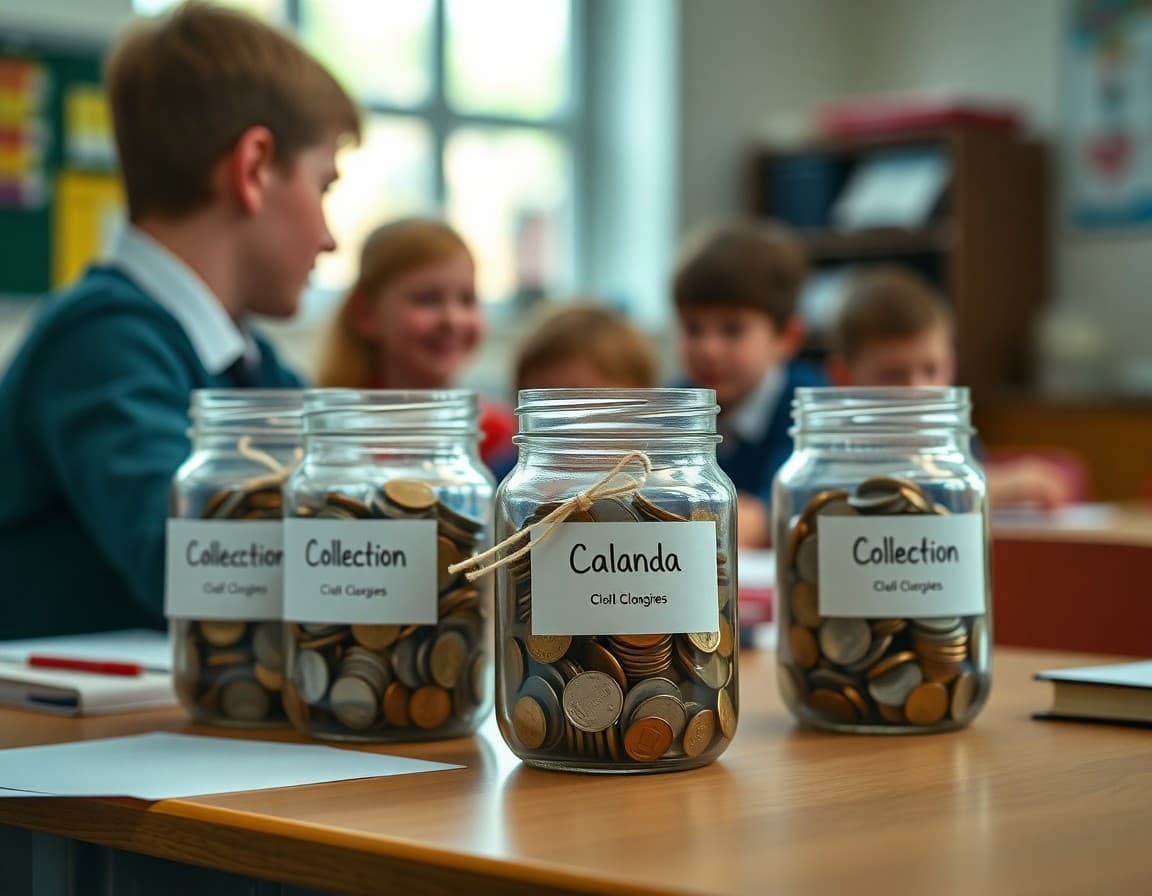 Coin collection jars with class labels on a teacher desk during a school fundraiser