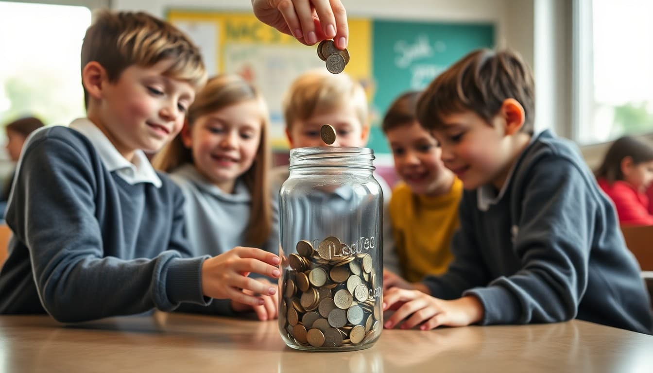 Students dropping coins into a clear jar for a school coin drive fundraiser