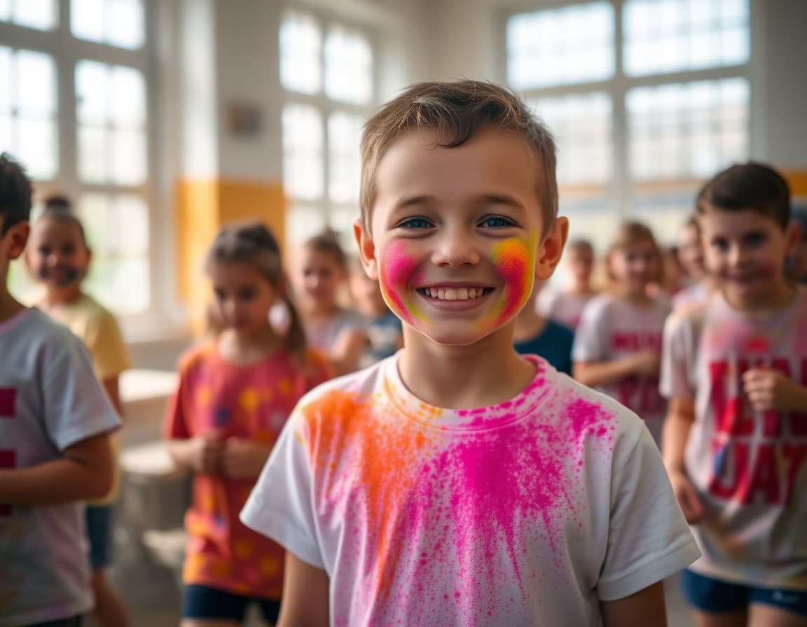 Child in a white t-shirt smiling with colored powder on their face after a color run