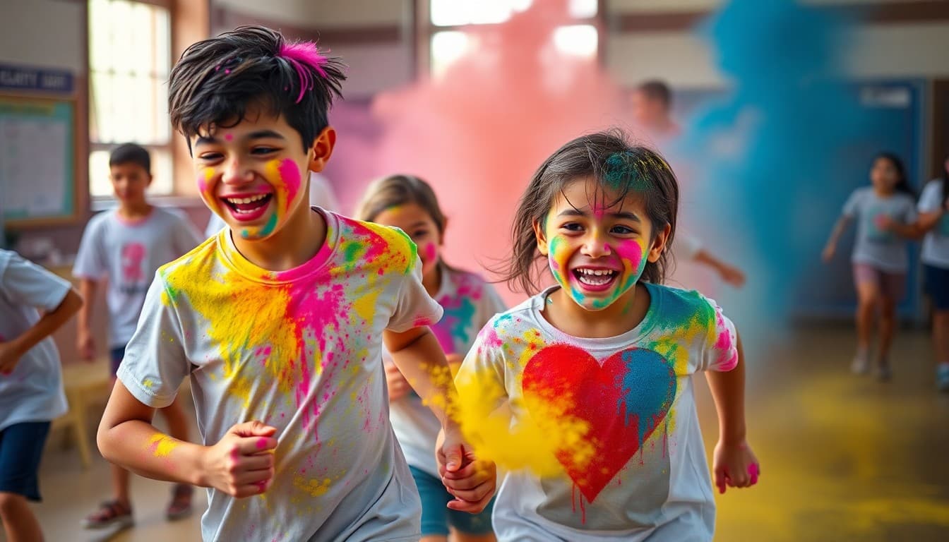Students covered in colorful powder running and laughing at a school color run event