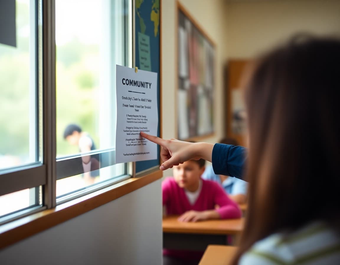 Community event flyer pinned to classroom bulletin board with hand pointing
