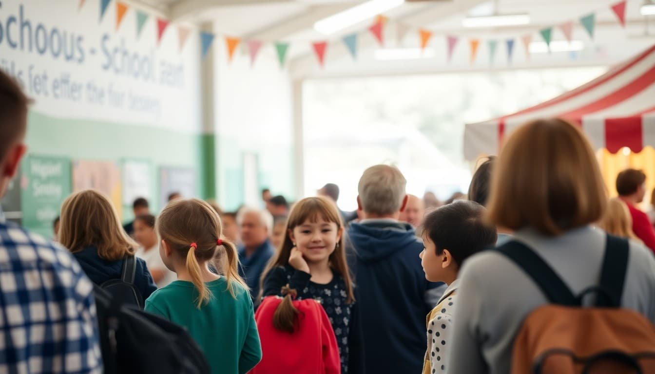 Families attending a local community event with children at an outdoor fair
