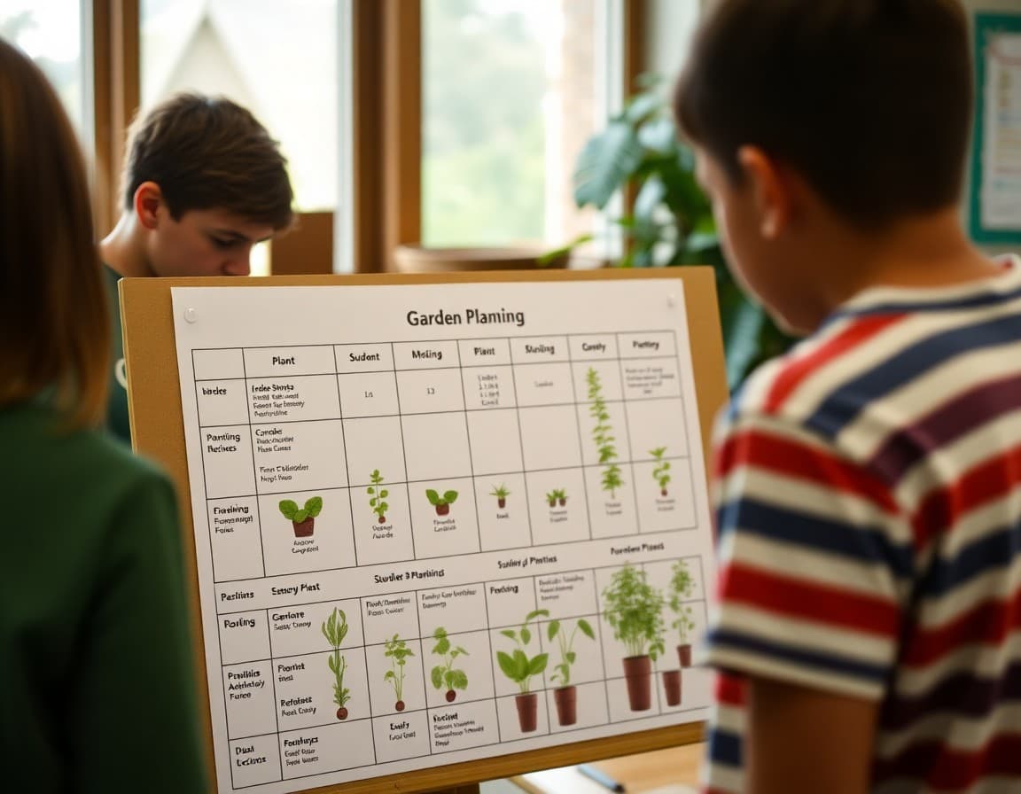 Garden planning chart with plant names, spacing, and student planting assignments