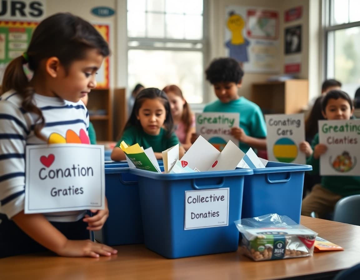 Classroom donation drive with labeled collection bins and student-made posters
