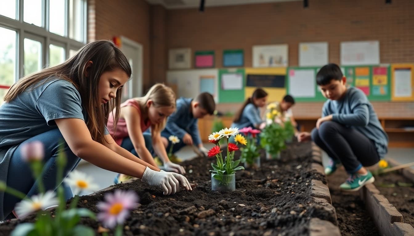 Students planting flowers in a school garden as part of a community service project