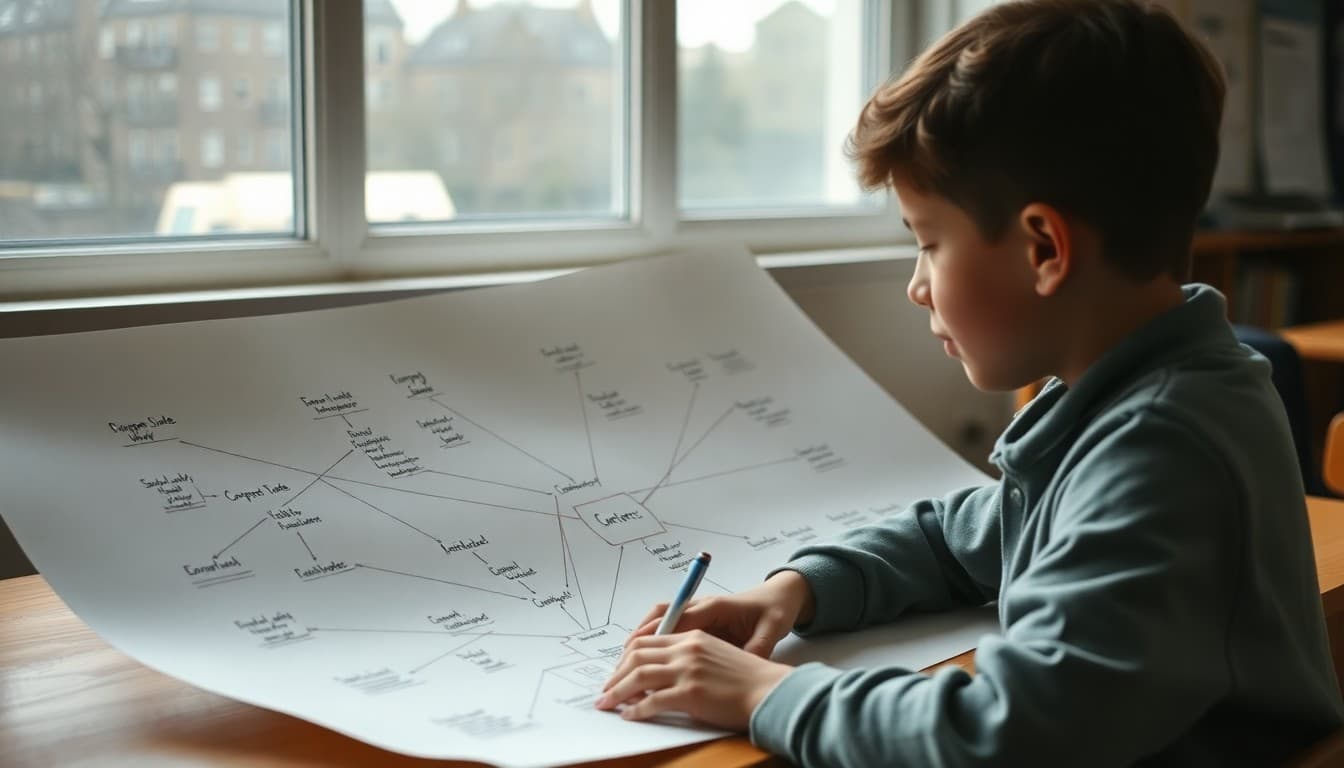 Student working on a large concept map with connecting lines and ideas on paper
