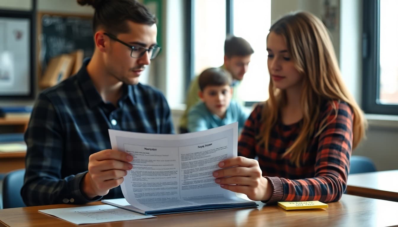 Teacher reviewing a newsletter draft with a privacy checklist on a sticky note nearby
