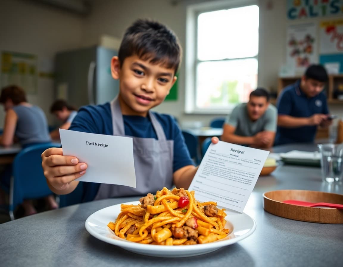 Student holding a finished dish next to a recipe card on a classroom table
