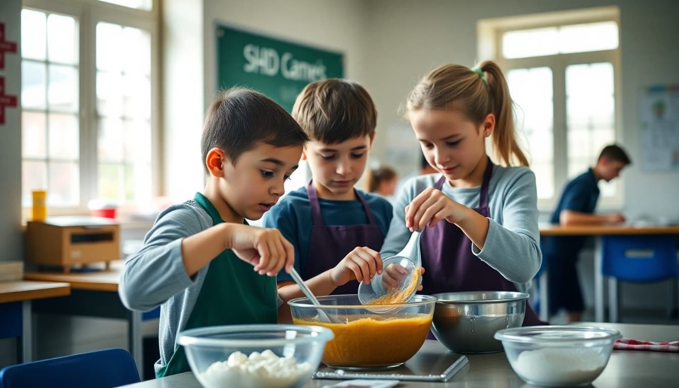 Students working together to measure and mix ingredients during a classroom cooking lesson