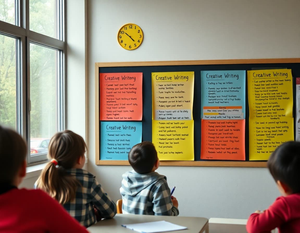Colorful creative writing prompts posted on a classroom bulletin board for student choice