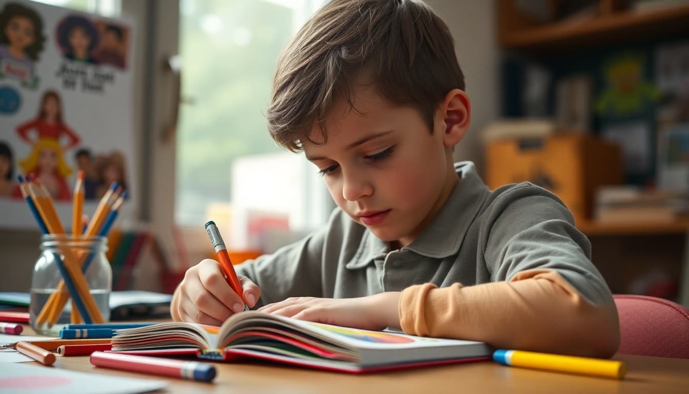 Student writing in a colorful journal with a thoughtful expression, surrounded by art supplies