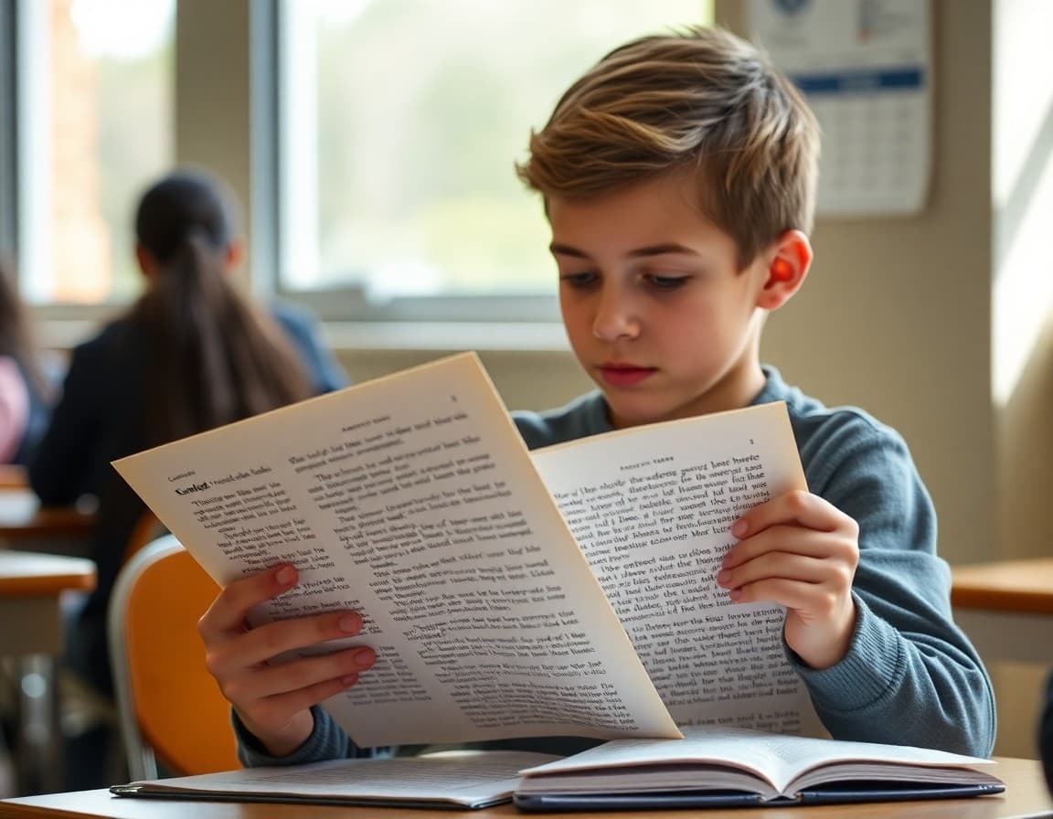 Student analyzing a text with evidence-based annotations and question marks in margins