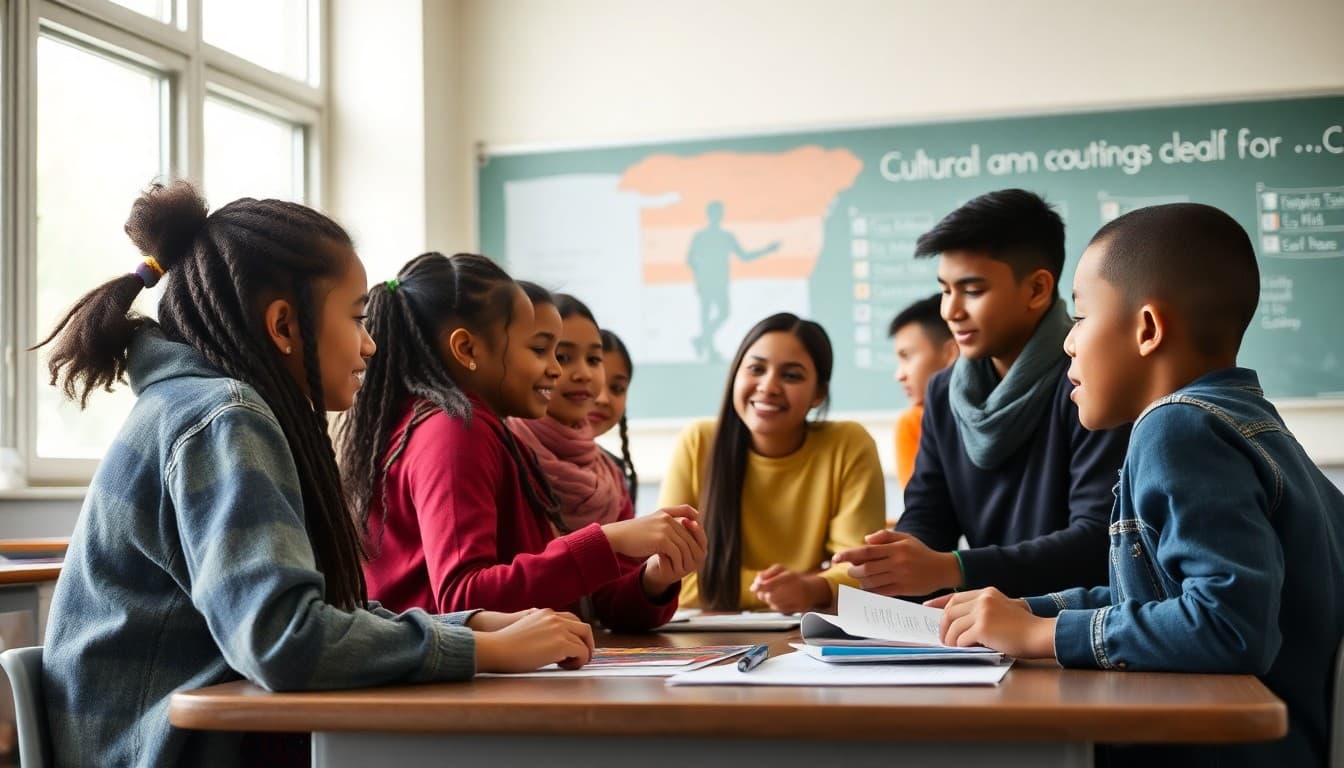 Students from diverse backgrounds collaborating on a cultural project in a classroom