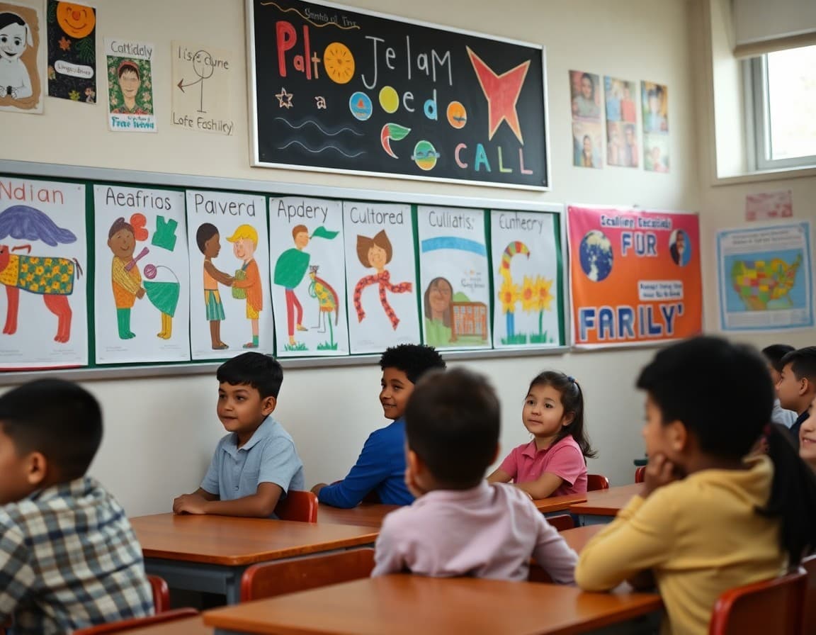 Classroom wall with student-created posters representing their family cultural backgrounds