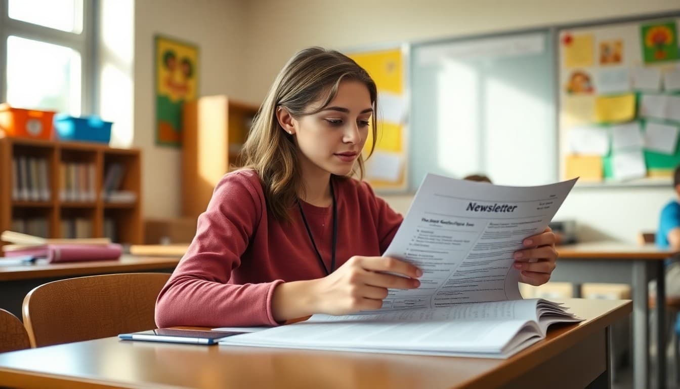 Teacher reviewing new curriculum materials with a newsletter update open on the desk