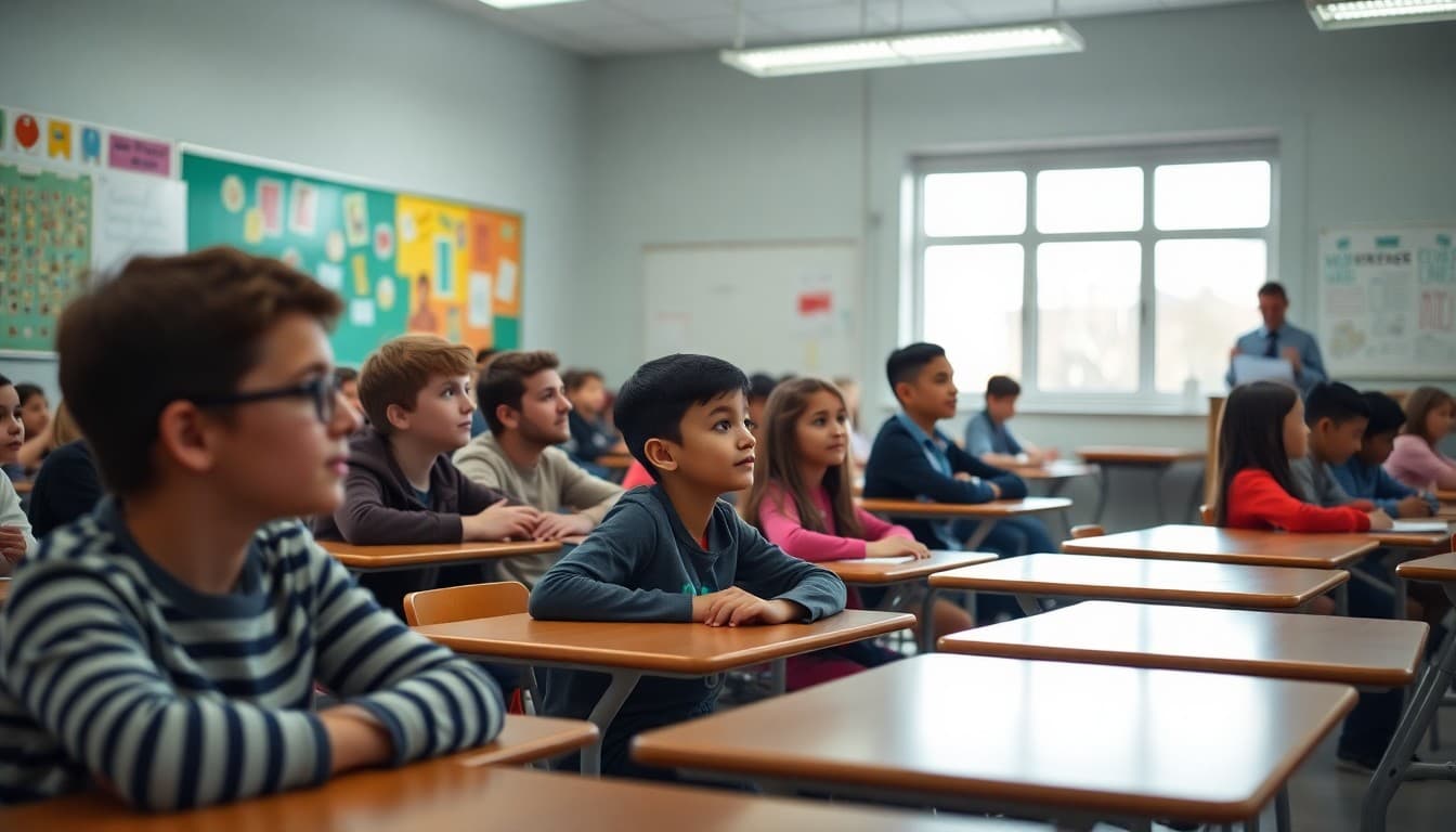Parents sitting at student desks during a curriculum night presentation in an elementary classroom