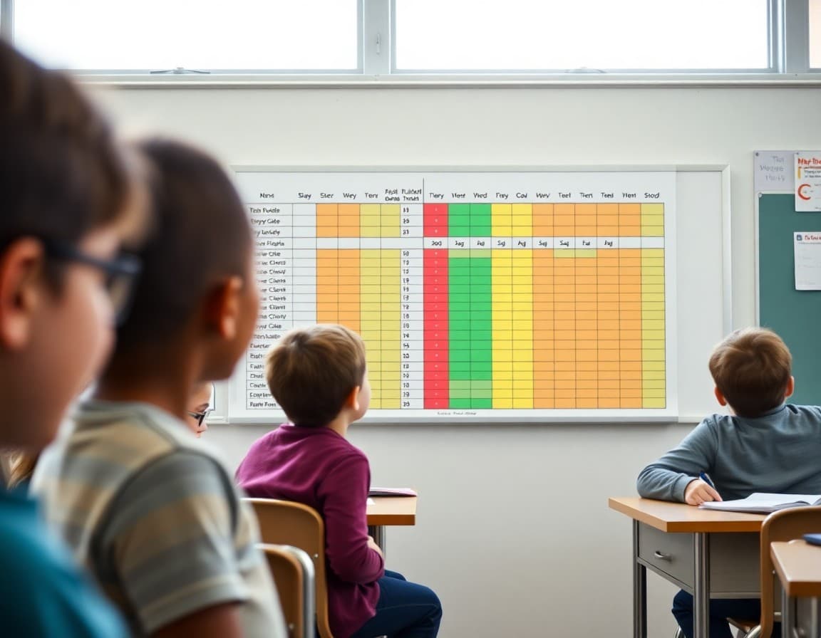 Color-coded student progress tracker on classroom wall showing fluency growth over time