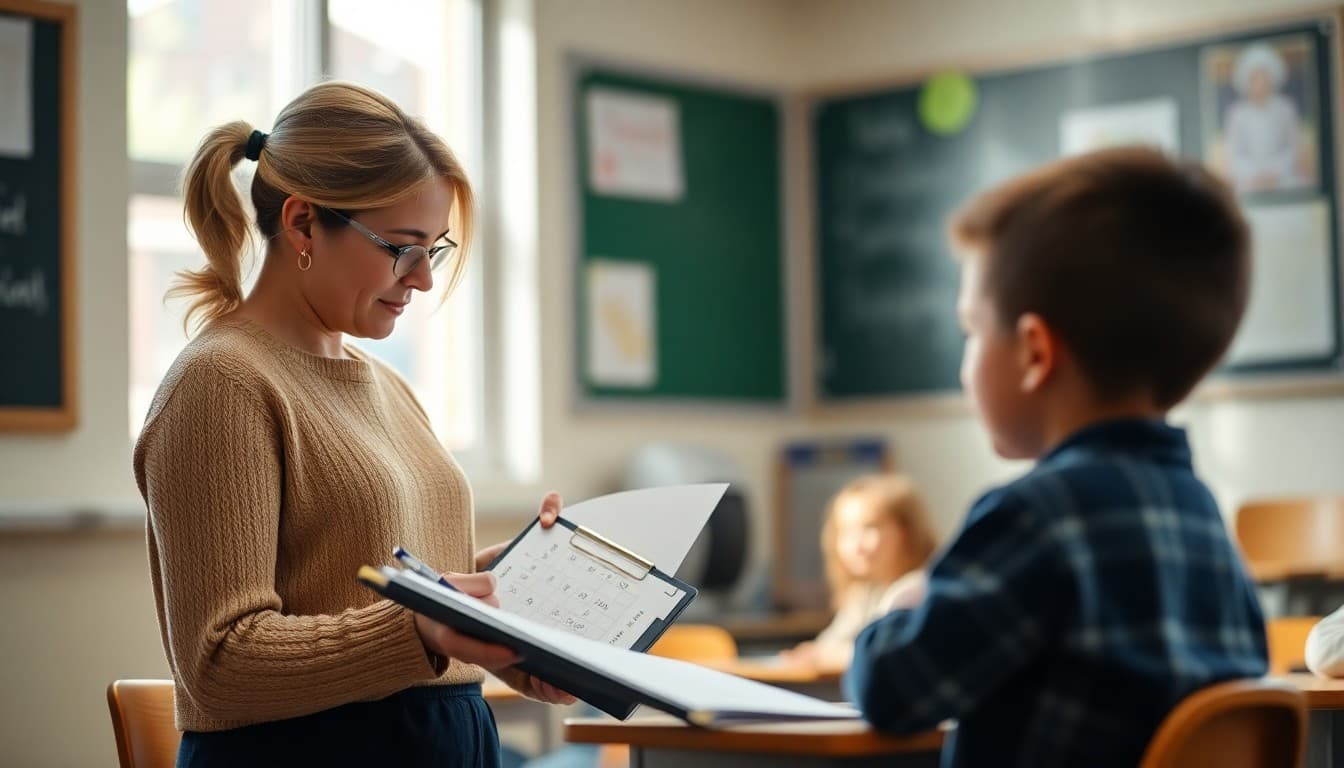 Teacher recording student reading fluency data on a clipboard during a one-on-one check
